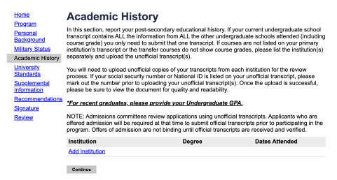 application screen displaying instructions and a place to add institution