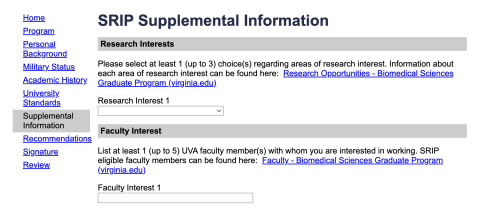 application screen displaying dropdowns for Research Interests and Faculty Interest