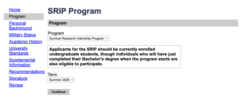 application screen displaying SRIP for Summer 2026